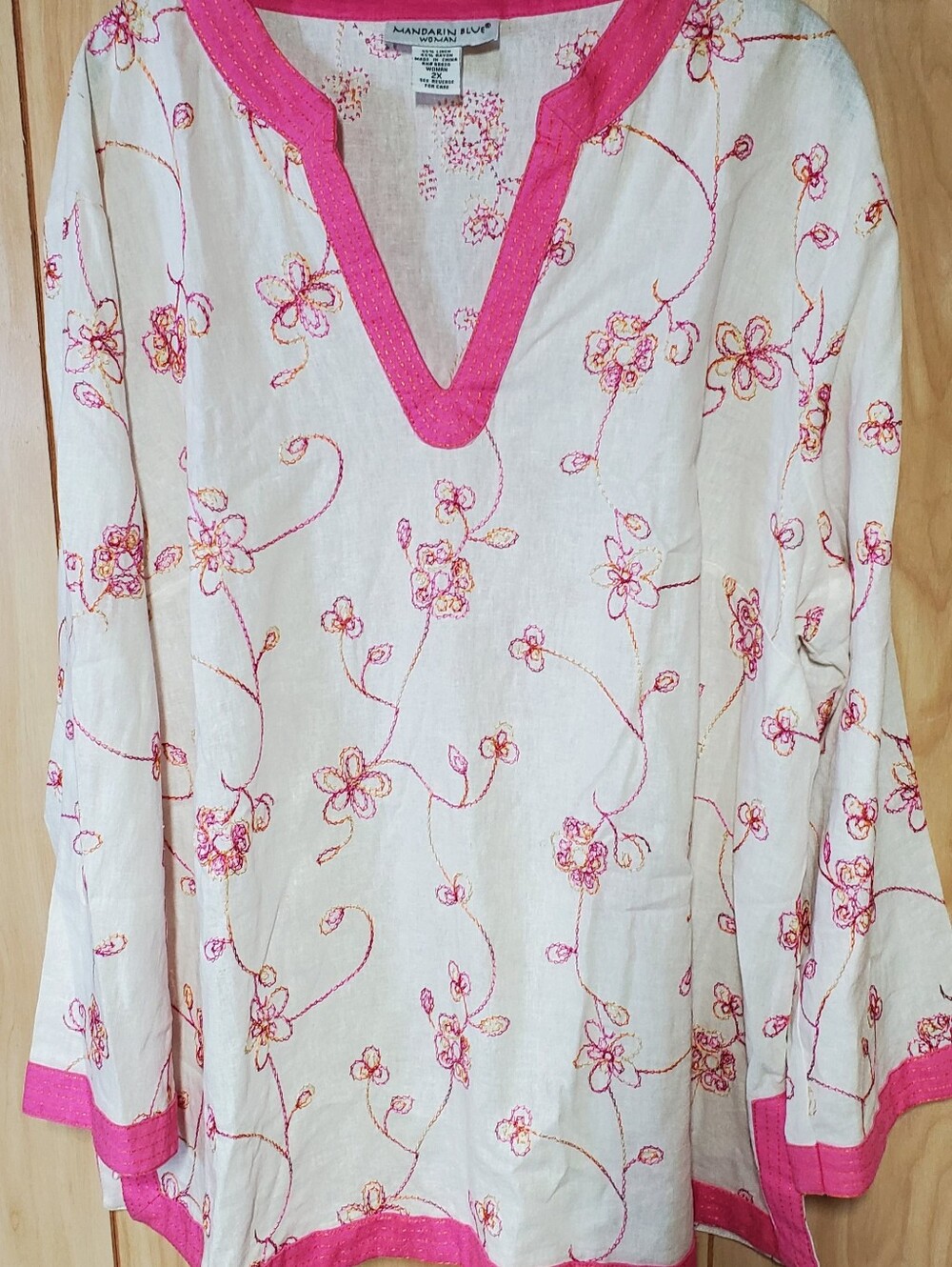 Mandarin Blue Embroidered Linen Blend Floral Tunic Top Size 2X* NWOT